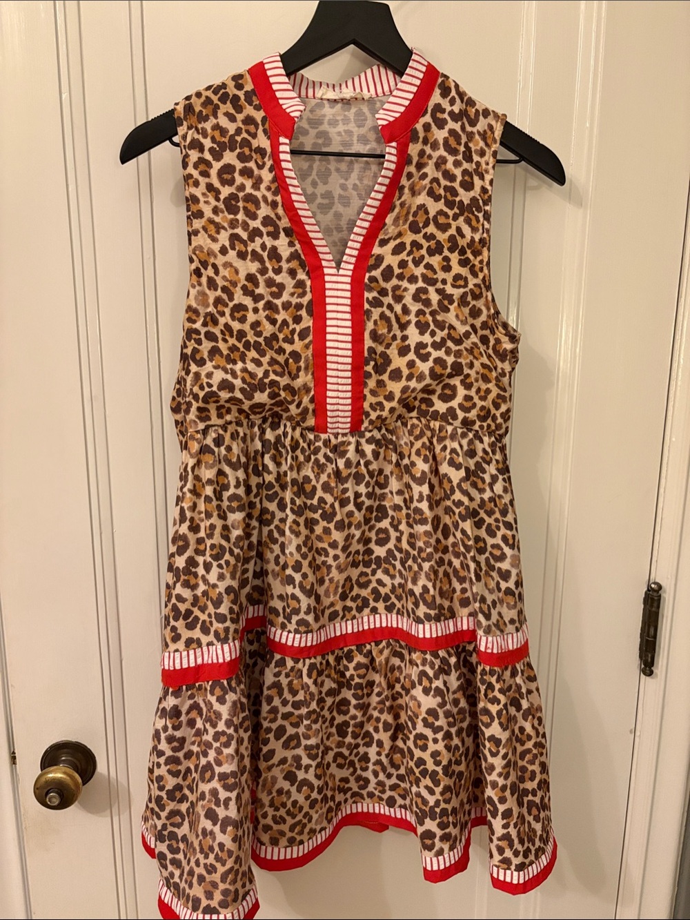 Womens Leopard Print Sleeveless Dress with Red Trim